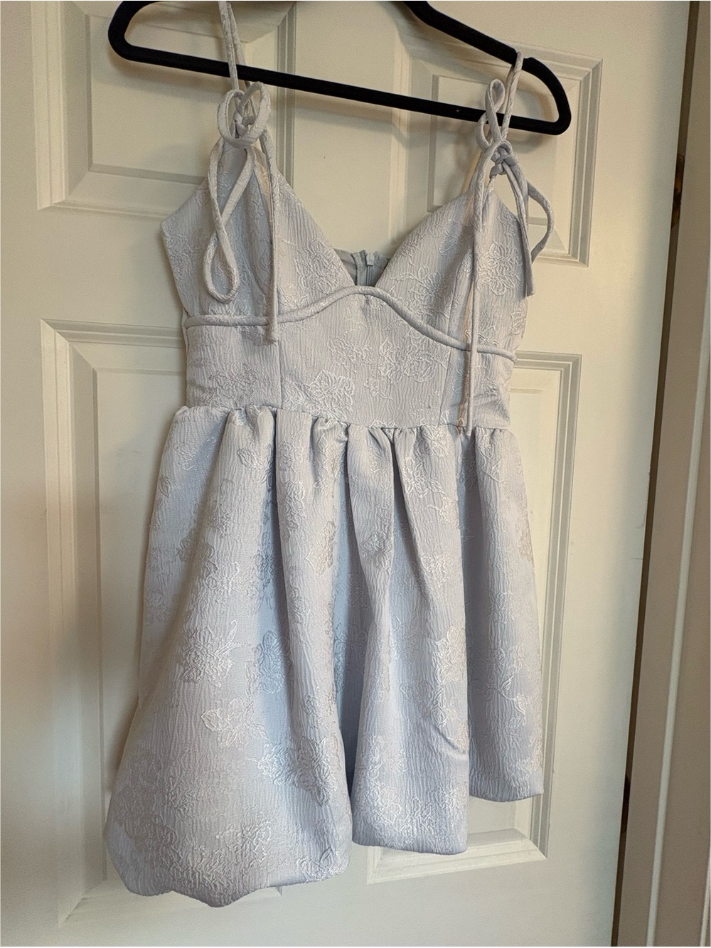 Cider Light Blue Floral Textured Party Dress with Tie Straps